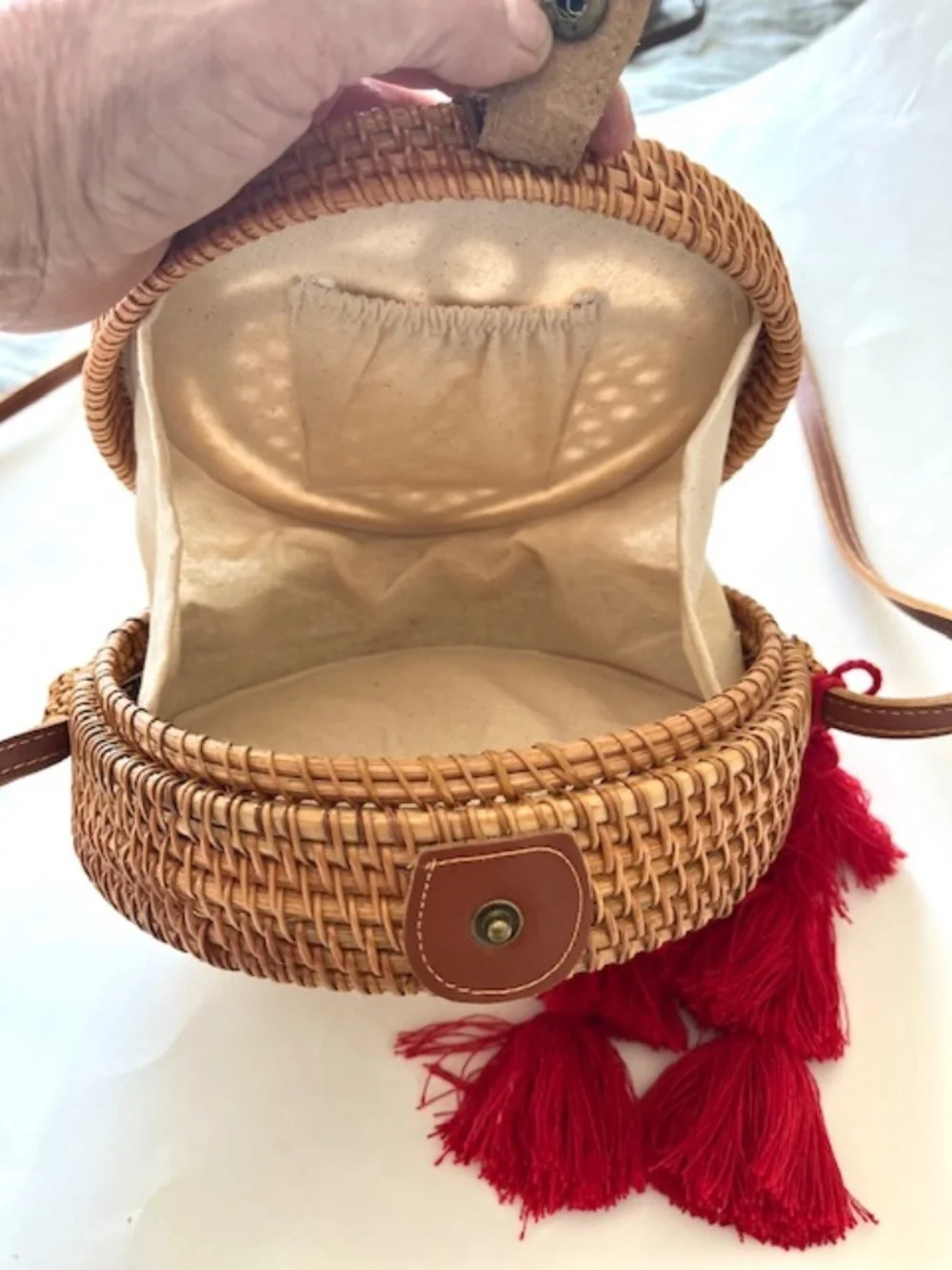 Handcrafted Round Rattan Crossbody Bag with Woven Heart